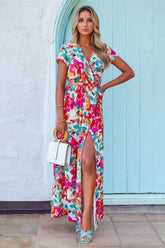 Printed Surplice Short Sleeve Tie Waist Maxi Dress OutfitFlow